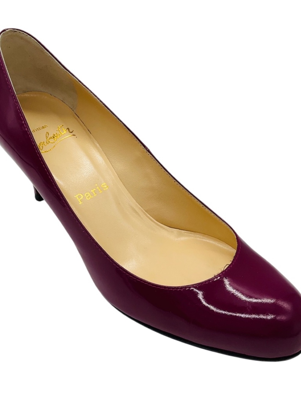 CHRISTIAN LOUBOUTIN MAGENTA PATENT LEATHER ROUND TOE MID HEEL PUMPS